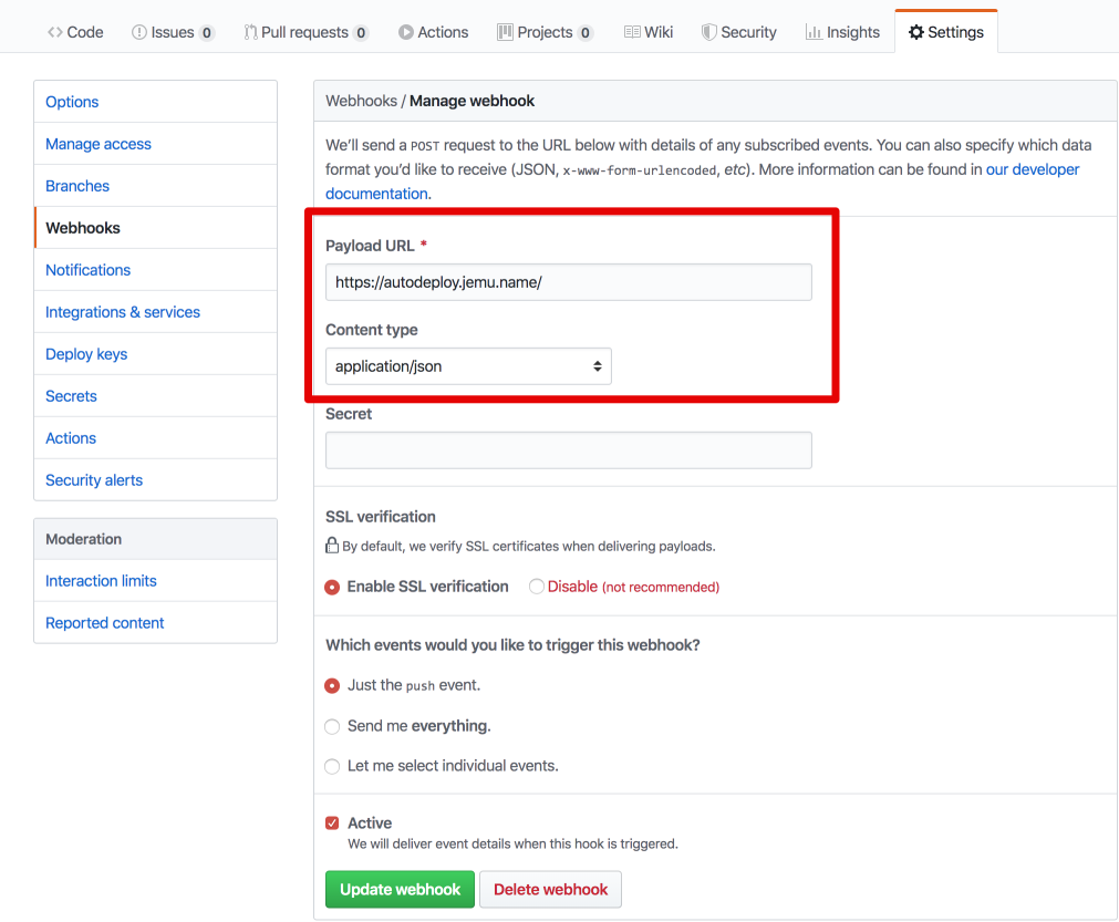 GitHub webhook settings