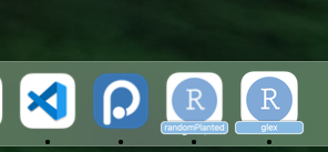 MacOS dock with 2 adjacent RStudio icons with small text indicating projects names, next to it a single Positron icon